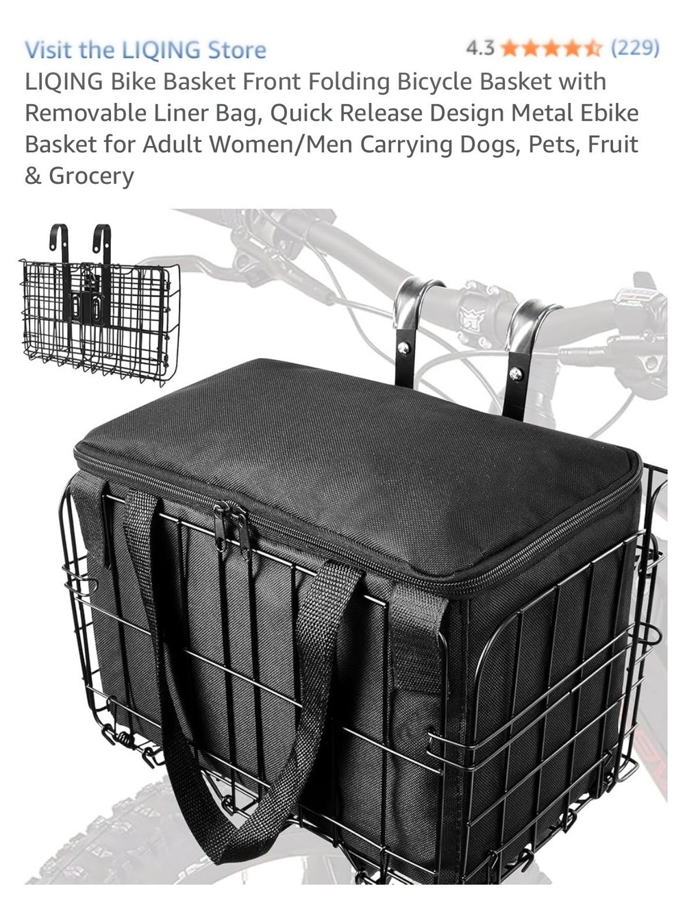 LIQING Front icycle Basket with Removable Liner Bag and Quick Release Design